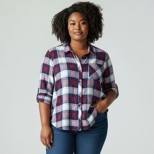 Isla Maude Plaid Surplice V-Neck Long Sleeve Top Multicolor XL